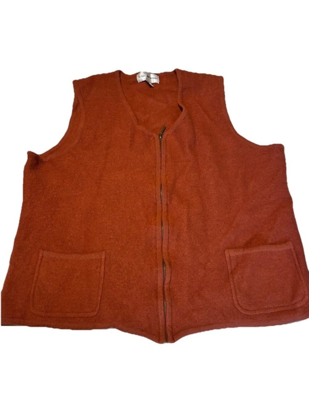 August Max Woman 1X Wool Sweater Vest Full Zip Rust Orange Knit Pockets